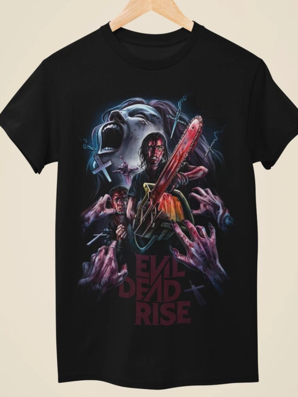 Evil Dead Rise Chainsaw Horror Graphic Black T-Shirt